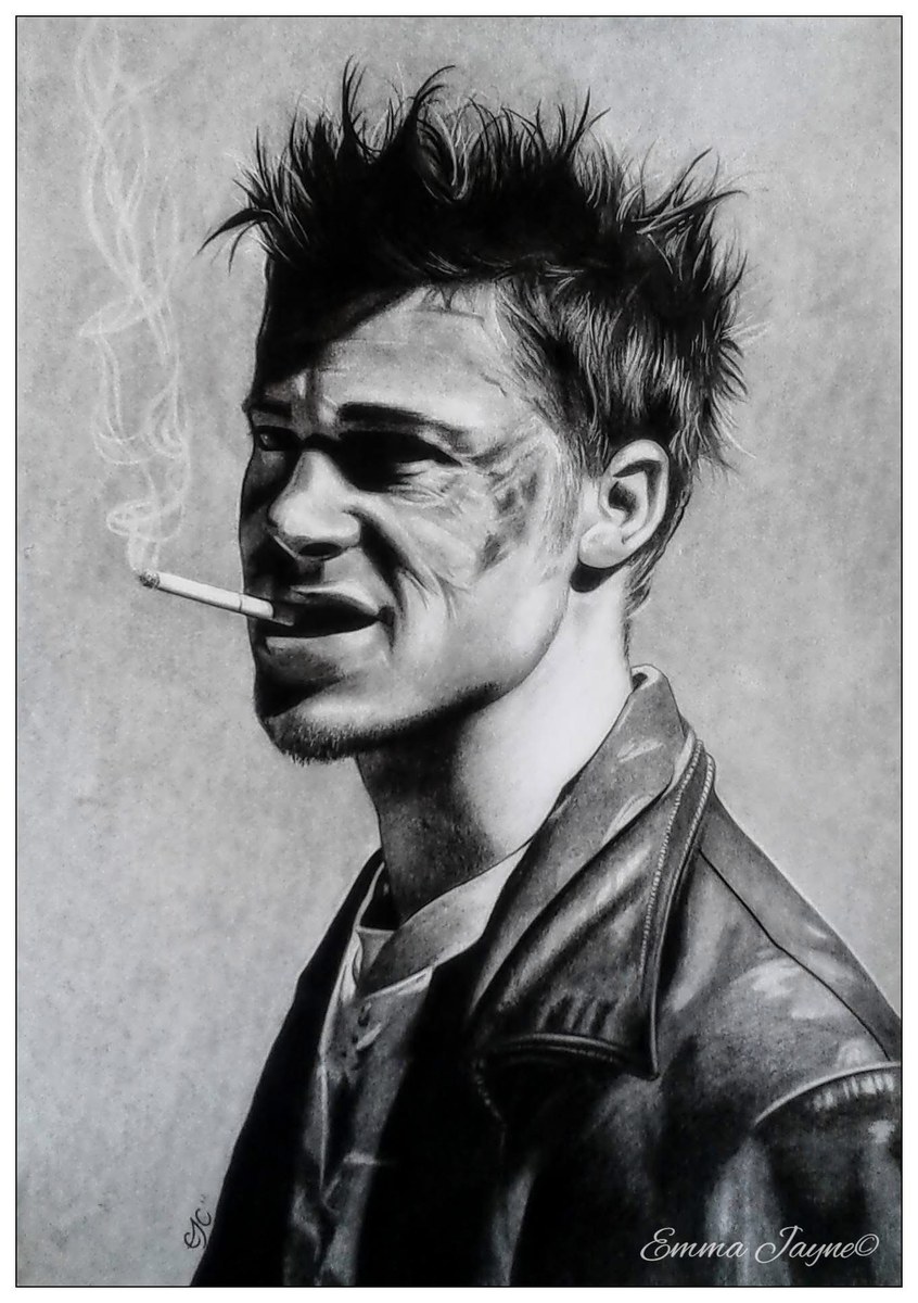 Charcoal portrait, Brad Pitt as Tyler Durden, by Emma Jayne